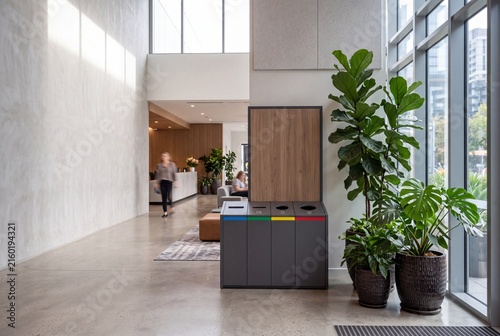 Corporate lobby with modular waste sorting station