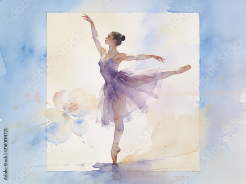 Ballet dancer gracefully posed amidst soft watercolor blooms and azure hues