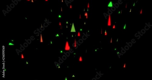 Abstract red and green geometric pyramid shapes rising and falling on black background
