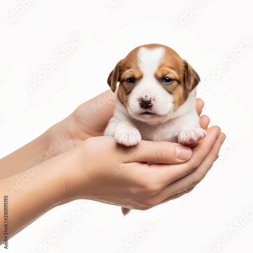 Tiny Puppy Held in Hands Against White Background Cute Newborn Dog