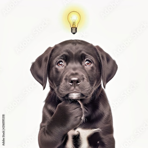 Thinking Labrador Puppy With Lightbulb Idea Above Its Head