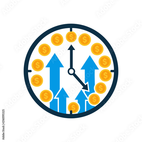 Conceptual illustration of time being money with rising financial growth arrows and coins.