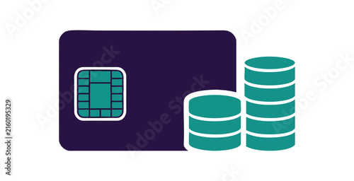Minimalist icon of a credit card with a stack of coins representing financial savings and banking services.