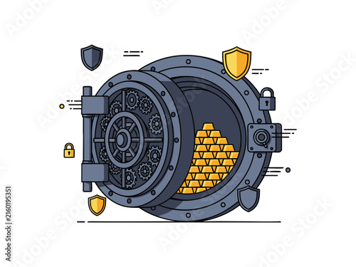 Illustration of an open bank vault door filled with stacks of shiny gold bars.