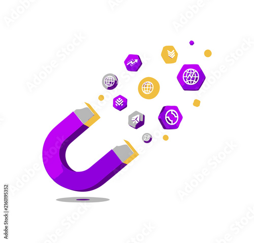 Purple magnet attracting various digital technology icons and data symbols on white background.