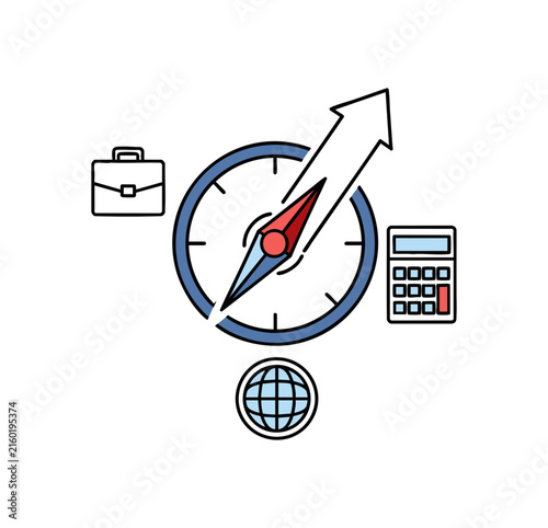 Business growth concept with compass arrow calculator and briefcase icons.