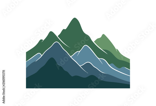 Minimalist vector illustration of layered mountain peaks in shades of green and blue.