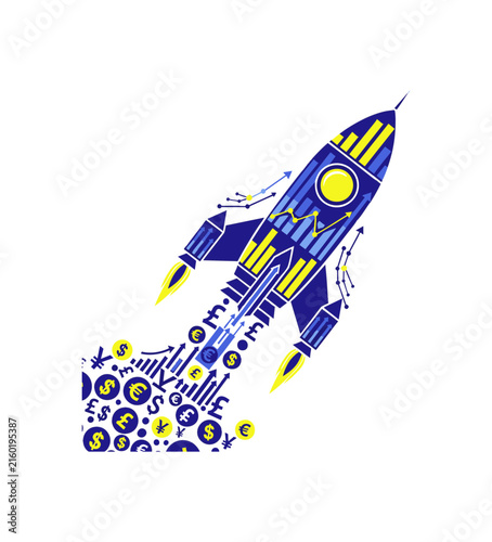A stylized rocket ship launching with financial symbols and business growth charts.
