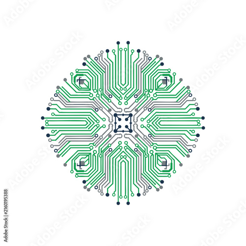 Abstract circular circuit board pattern with green and grey lines on white background.