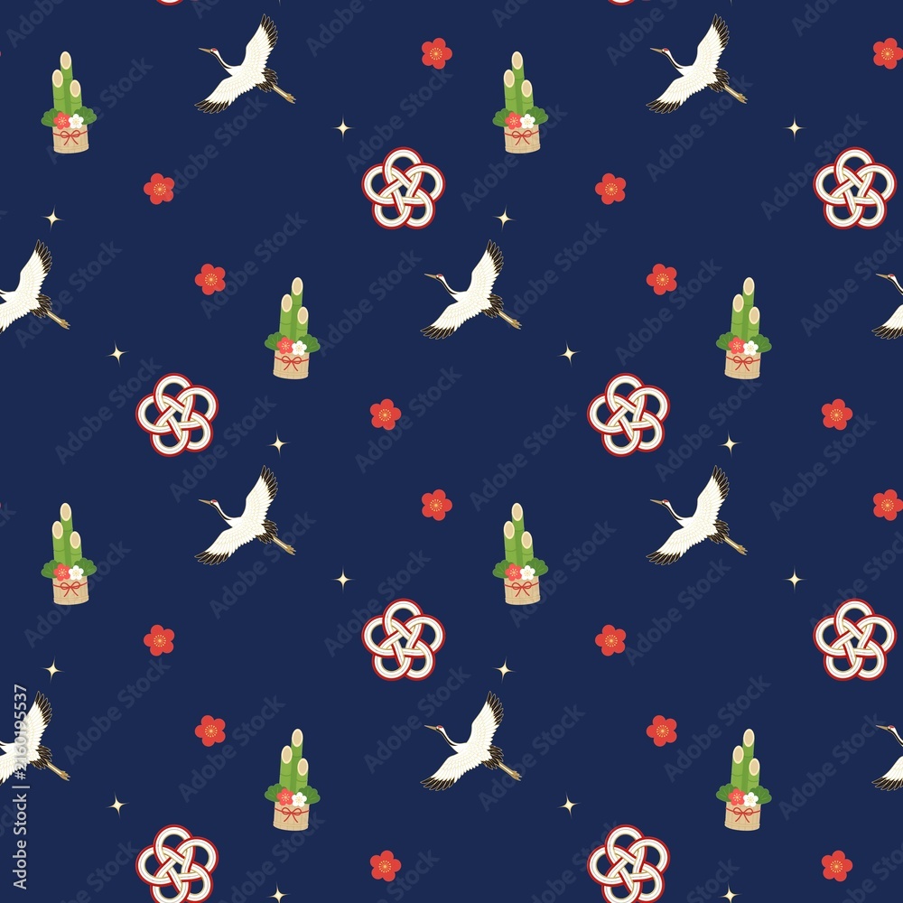 Naklejka premium Japanese New Year seamless pattern with flying crane, kadomatsu, mizuhiki knot and plum blossoms on deep navy blue background