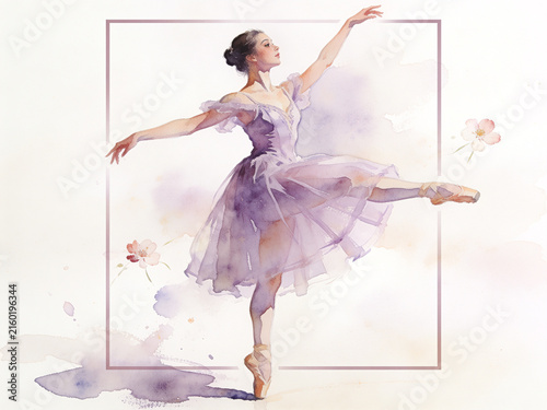 Ballet dancer in elegant pose against soft watercolor backdrop at a serene evening setting