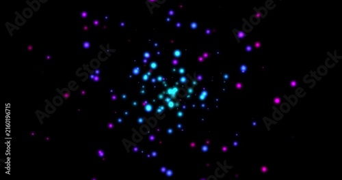 Neon blue and magenta glowing particles floating in deep dark space motion background