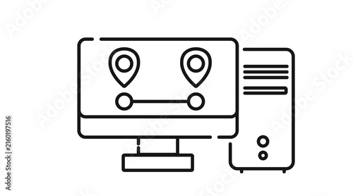 Desktop computer tower and monitor with two location map pins and route line on screen icon. Black line art style on white background.