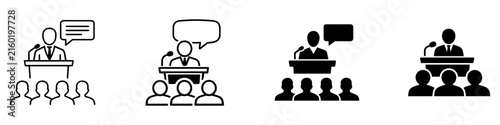 Conference icon set with meetings, presentations, speakers, networking, events and business for all.