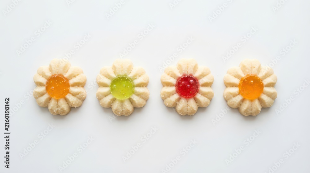 Obraz premium Four flowershaped cookies with colorful fruit jelly centers isolated on white background