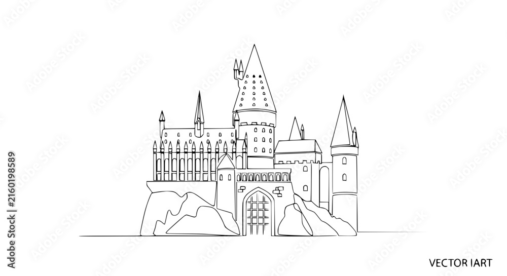Fototapeta premium Fantasy Castle Outline Drawing, Medieval Fortress Isolated on Transparent Background