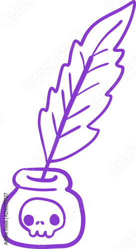 Cute Magic Feather Quill and Ink Pot Cartoon Halloween Line art Hand Drawn Doodle