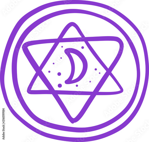 Cute Magic Amulet Coin with Hexagram Star and Moon Cartoon Halloween Line art Hand Drawn Doodle