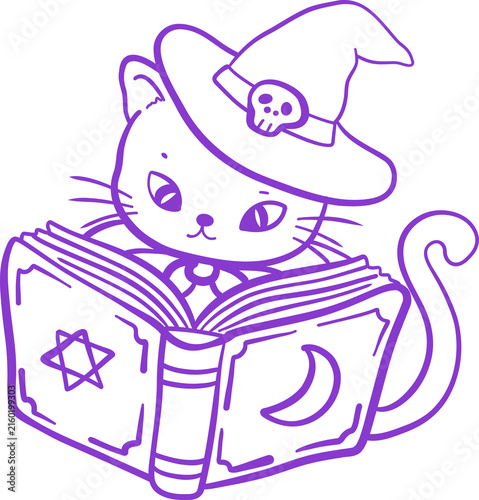 Black Kitten Witch Cat Reading Magic Books. Cute Cartoon Halloween Line art Hand Drawn Doodle