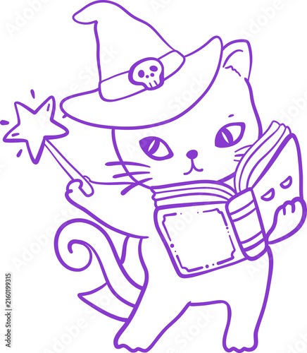 Black Kitten Witch Cat Reading Purple Magic Book. Cute Cartoon Halloween Line art Hand Drawn Doodle