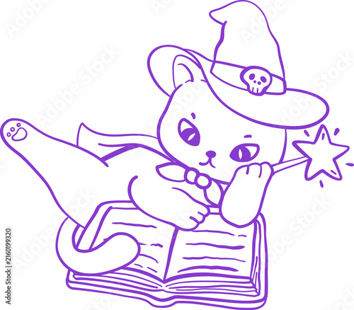 Black Kitten Witch Resting on a Magic Book. Cute Cartoon Halloween Line art Hand Drawn Doodle