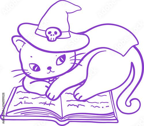 Black Kitten Witch Cat Reading Spellbook. Cute Cartoon Halloween Line art Hand Drawn Doodle