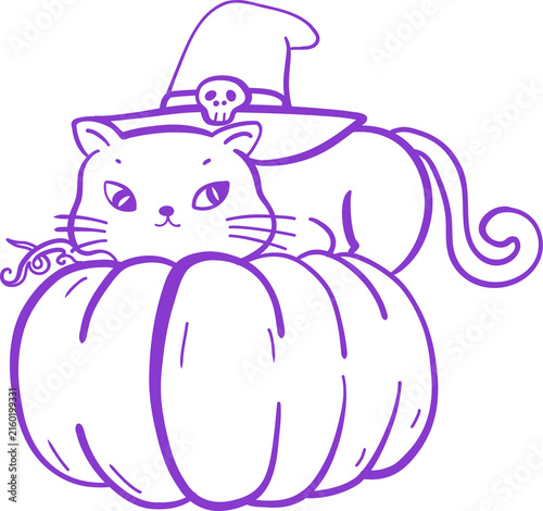 Cute Black Kitten Witch Cat Sitting on Halloween Pumpkin. Cartoon Line art Hand Drawn Doodle