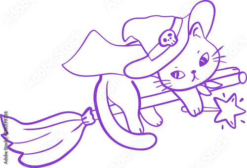 Cute Halloween Black Kitten Witch Cat Riding a Magic Broomstick. Cartoon Line art Hand Drawn Doodle