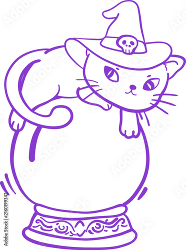 Black Kitten Witch Cat Sitting on Magic Crystal Ball. Cute Cartoon Halloween Line art Hand Drawn Doodle