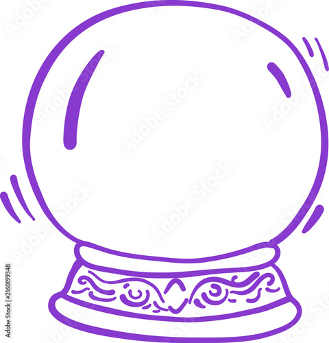 Magic Crystal Ball with Purple Witch Hat. Cute Cartoon Halloween Line art Hand Drawn Doodle