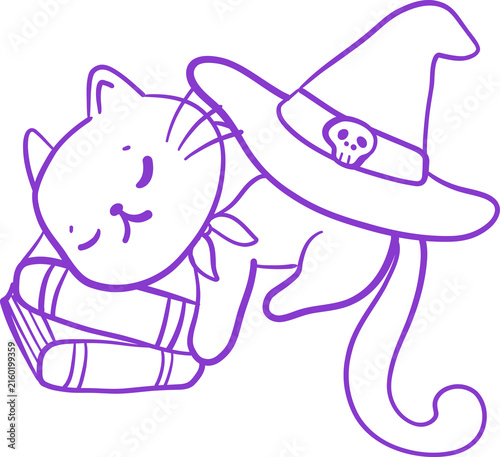 Black Kitten Witch Sleeping on a Magic Book. Cute Cartoon Halloween Line art Hand Drawn Doodle