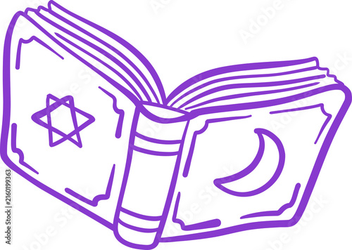 Open Purple Magic Spellbook. Cute Cartoon Halloween Line art Hand Drawn Doodle
