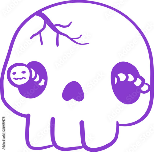 Cute Purple Skull Black Eyes with Worms. Cute Cartoon Halloween Line art Hand Drawn Doodle