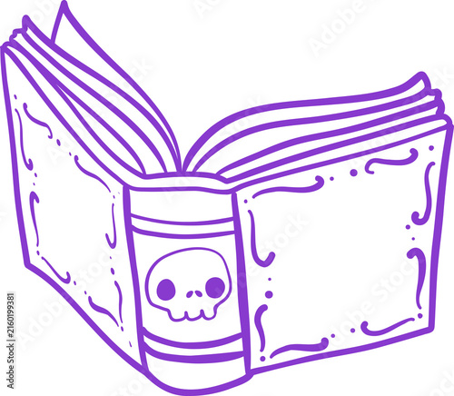 Open Purple Spellbook with Skull. Cute Cartoon Halloween Line art Hand Drawn Doodle