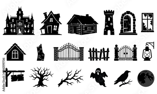 Foto Haunted House and Spooky Cemetery Elements Silhouette Collection