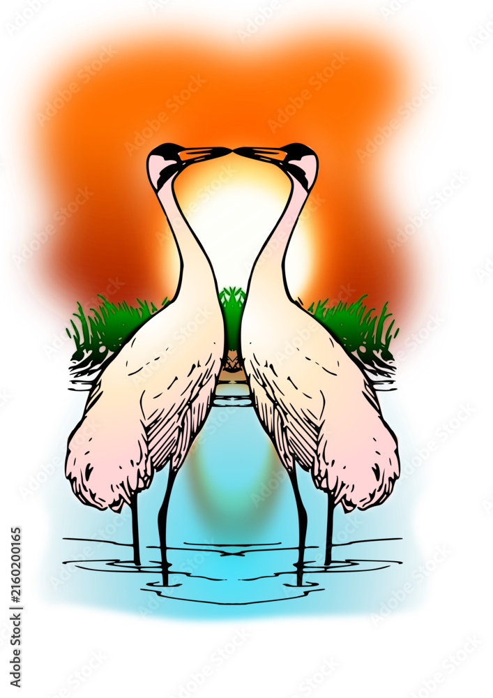 Naklejka premium Two Cranes Facing Each Other at Sunset Love Vector Illustration