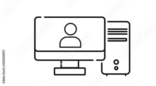 Desktop computer tower and monitor with user profile symbol on screen icon. Black line art style on white background.