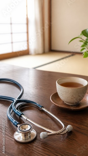 Stethoscope and green tea in Japanese room for home medical visit