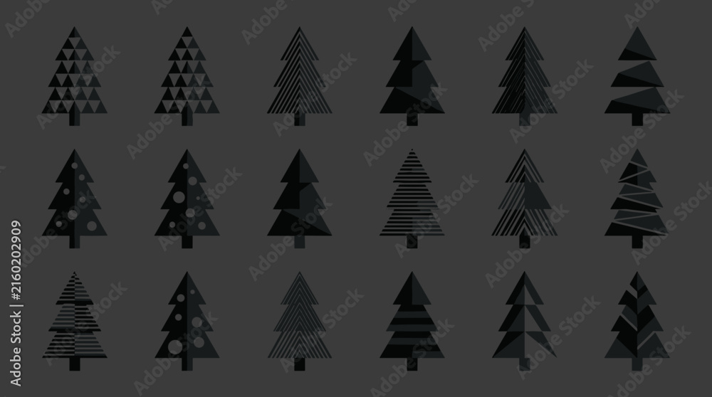 Fototapeta premium Minimalist black silhouette icons of various evergreen pine tree shapes.