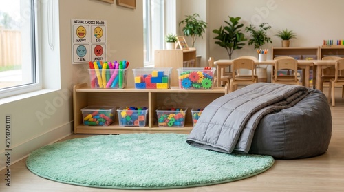 Sensory Calm Down Corner in Modern Classroom, Weighted Blanket on Beanbag Chair, Sensory Toys and Visual Choice Board, Inclusive Kindergarten Interior, Full Shot