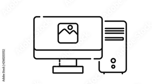 Desktop computer tower and monitor with image symbol on screen icon. Black line art style on white background.
