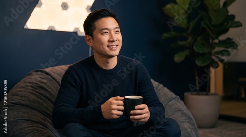 East Asian Businessman on Beanbag in Low Lit Office Quiet Zone, Cozy Decompression Corner, Workplace Mental Health Support, Cinematic Close Up