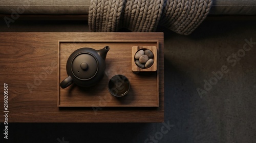 Flat Lay View of Tea Set on Wooden Table, Office Decompression Corner Relaxation Accessories, Minimalist Workplace Wellness Concept, Top Down