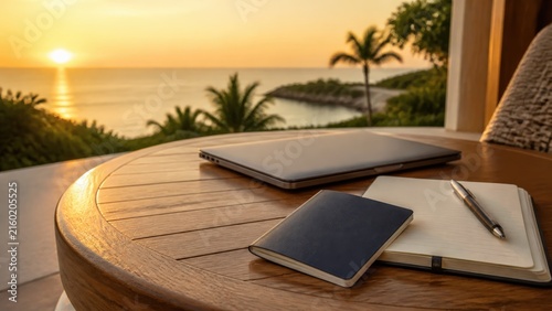 Laptop and notebook on tropical terrace at ocean sunset for workation