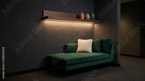 Cozy Empty Decompression Nook in Corporate Office, Low Lit Sensory Room with Velvet Chaise Lounge, Acoustic Felt Walls, Minimalist Interior Design