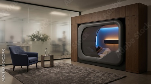 Premium Corporate Nap Pod in Low Lit Decompression Space, Ergonomic Sleep Capsule, Modern Office Workplace Wellness Design, Privacy Interior