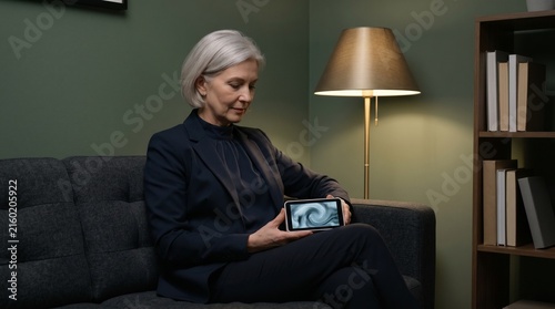 Mature Caucasian Businesswoman Taking Mindful Breather, Low Lit Office Relaxation Corner, Sage Green Interior, Executive Workplace Wellness