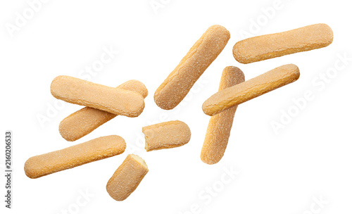 Savoiardi cookies flying on a white background. Isolated