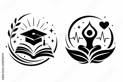 Minimalist education and wellness icons, black and white graduation cap with open book, yoga meditation and health symbols, 2 vector elements