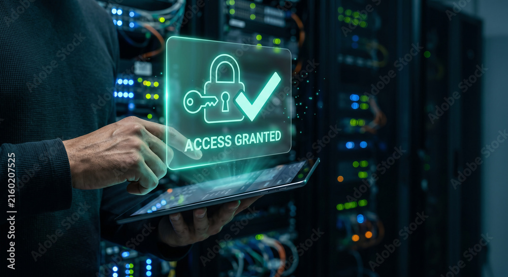 Fototapeta premium IT administrator hand holding tablet with holographic firewall access control configuration interface, digital network permissions concept in server room